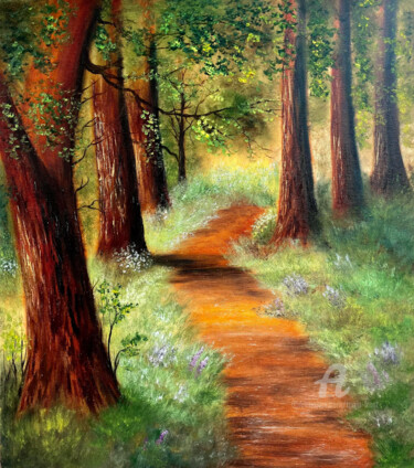 On the way - forest in the sun ligth- original oil painting