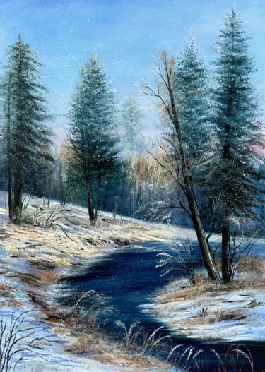 Winter forest river - original art work, oil painting, best