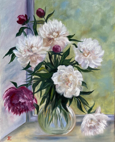 Peonies in the window - white original flowers, oil painting